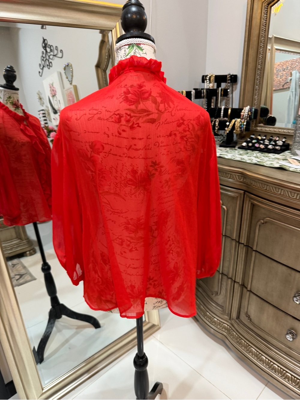 Zara Red Sheer Ruffle-Front Blouse - Picture 6 of 7